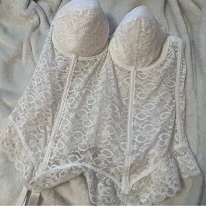 vintage i owe it all to goddess white lace strapless bustier